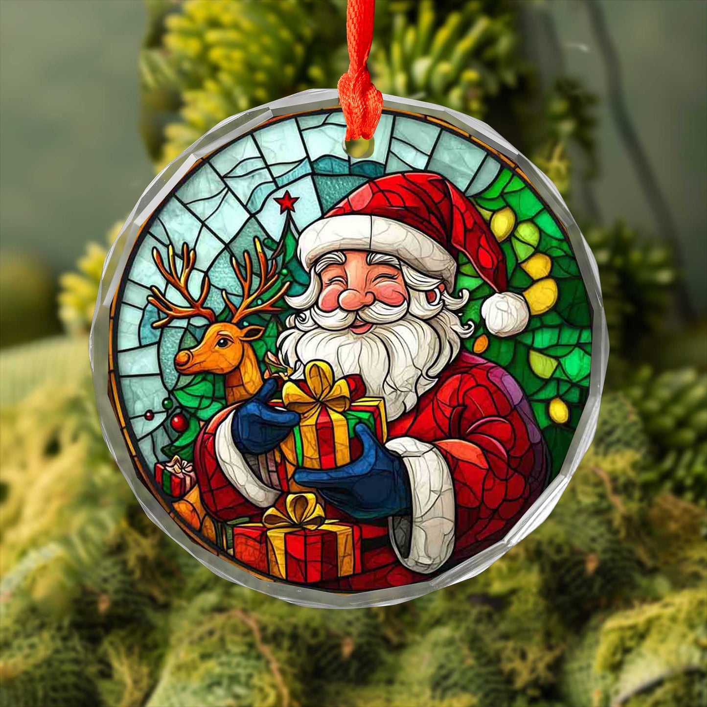 Netecom Santa Claus & Reindeer Glass Ornament – Christmas Tree Decoration, Holiday Gift Keepsake, 3 in