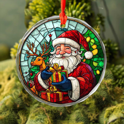 Netecom Santa Claus & Reindeer Glass Ornament – Christmas Tree Decoration, Holiday Gift Keepsake, 3 in