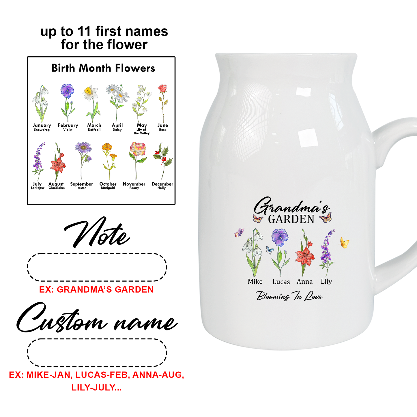 Netecom Personalized Ceramic Jug Vase with Birth Month Flowers and Custom Names, Unique Family Gift for Mother’s Day, Birthdays, or Holidays