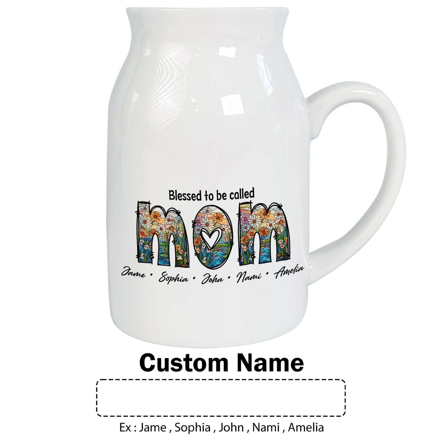Netecom Custom Floral MOM Ceramic Pitcher, Personalized Name Vase, Perfect Gift for Mother’s Day, Birthday, or Holiday Decor