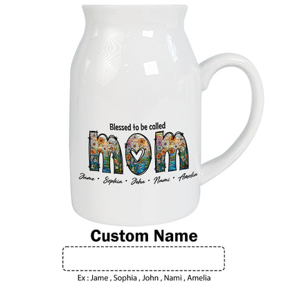 Netecom Custom Floral MOM Ceramic Pitcher, Personalized Name Vase, Perfect Gift for Mother’s Day, Birthday, or Holiday Decor