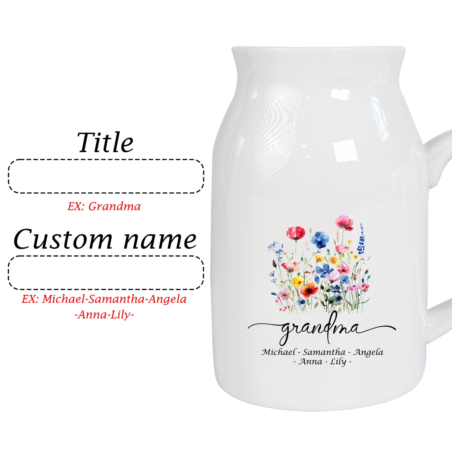 Netecom Personalized Ceramic Jug Vase with Custom Title and Names, Perfect Gift for Grandma, Mother’s Day, or Family Occasions