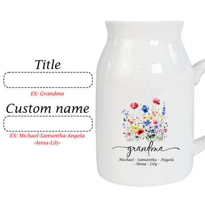 Netecom Personalized Ceramic Jug Vase with Custom Title and Names, Perfect Gift for Grandma, Mother’s Day, or Family Occasions