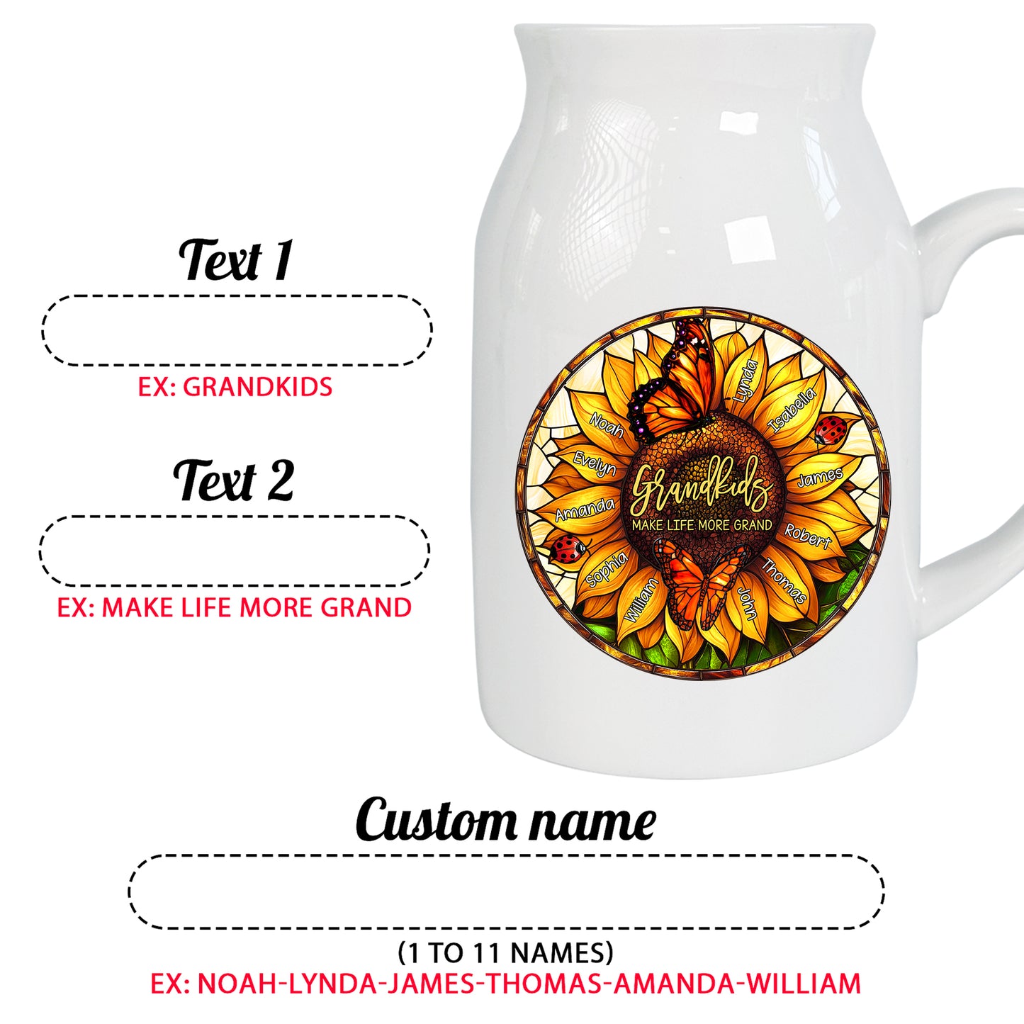 Netecom Personalized Sunflower Ceramic Jug Mug , Custom Grandkids Names and Stained Glass Flower Print , Unique Christmas or Mother's Day Gift for Grandma