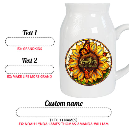Netecom Personalized Sunflower Ceramic Jug Mug , Custom Grandkids Names and Stained Glass Flower Print , Unique Christmas or Mother's Day Gift for Grandma