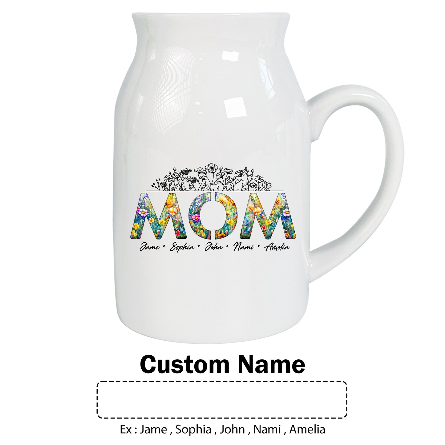Netecom Personalized Floral "MOM" Ceramic Jug Vase with Custom Names, Unique Family Gift for Mother’s Day, Birthdays, or Holidays