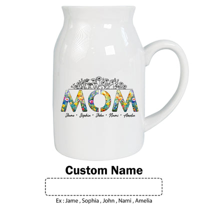 Netecom Personalized Floral "MOM" Ceramic Jug Vase with Custom Names, Unique Family Gift for Mother’s Day, Birthdays, or Holidays