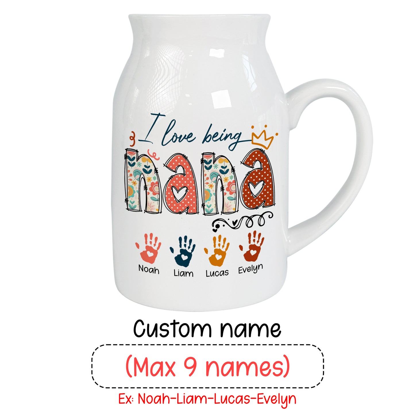 Netecom Personalized I Love Being NANA Ceramic Mug , Custom Grandkids Names and Handprints Coffee Cup , Unique Christmas or Mother's Day Gift for Grandma
