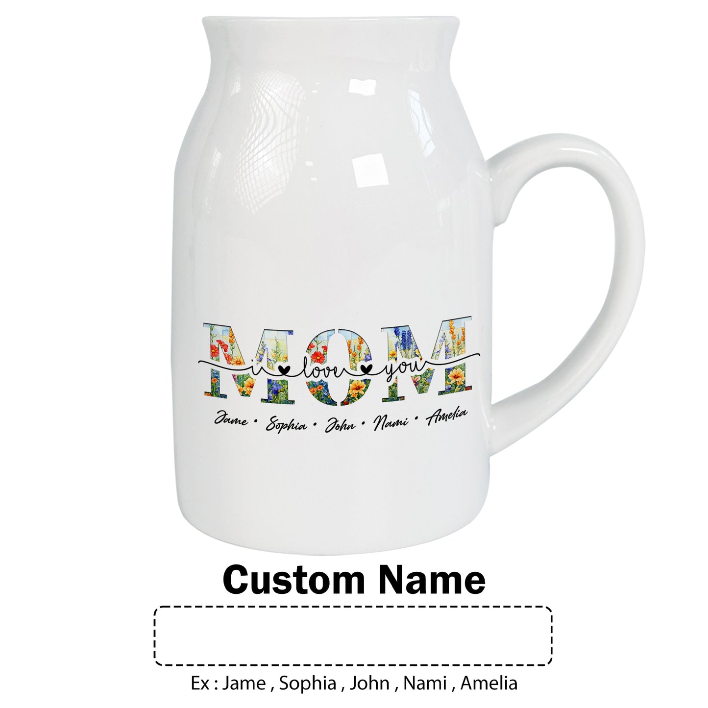 Netecom Personalized MOM Flower Vase with Custom Names, Elegant Ceramic Jug Gift for Birthday, Christmas, or Mother’s Day