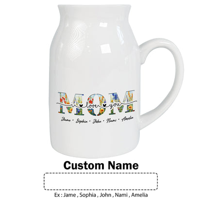 Netecom Personalized MOM Flower Vase with Custom Names, Elegant Ceramic Jug Gift for Birthday, Christmas, or Mother’s Day