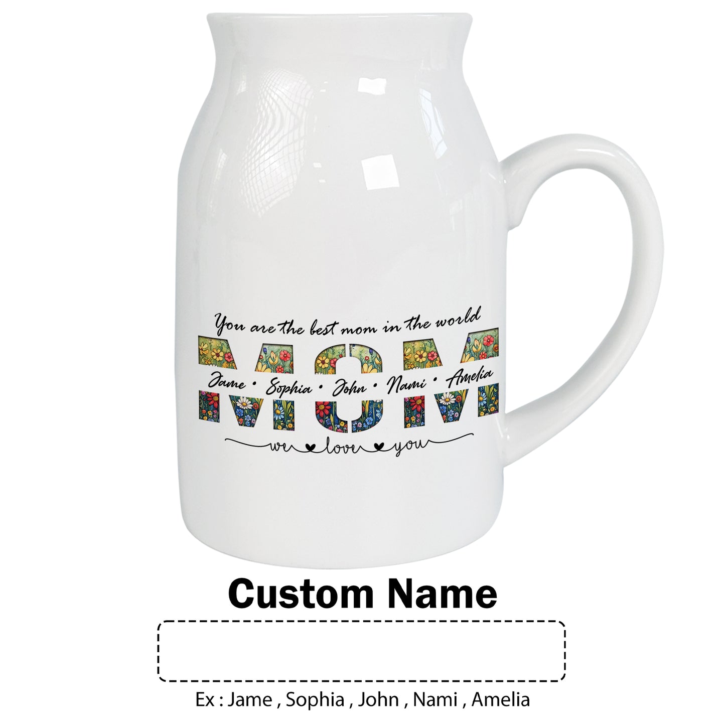 Netecom Personalized Floral MOM Ceramic Pitcher, Custom Name Vase for Birthdays, Mother’s Day, or Holiday Decor Gift