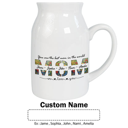 Netecom Personalized Floral MOM Ceramic Pitcher, Custom Name Vase for Birthdays, Mother’s Day, or Holiday Decor Gift