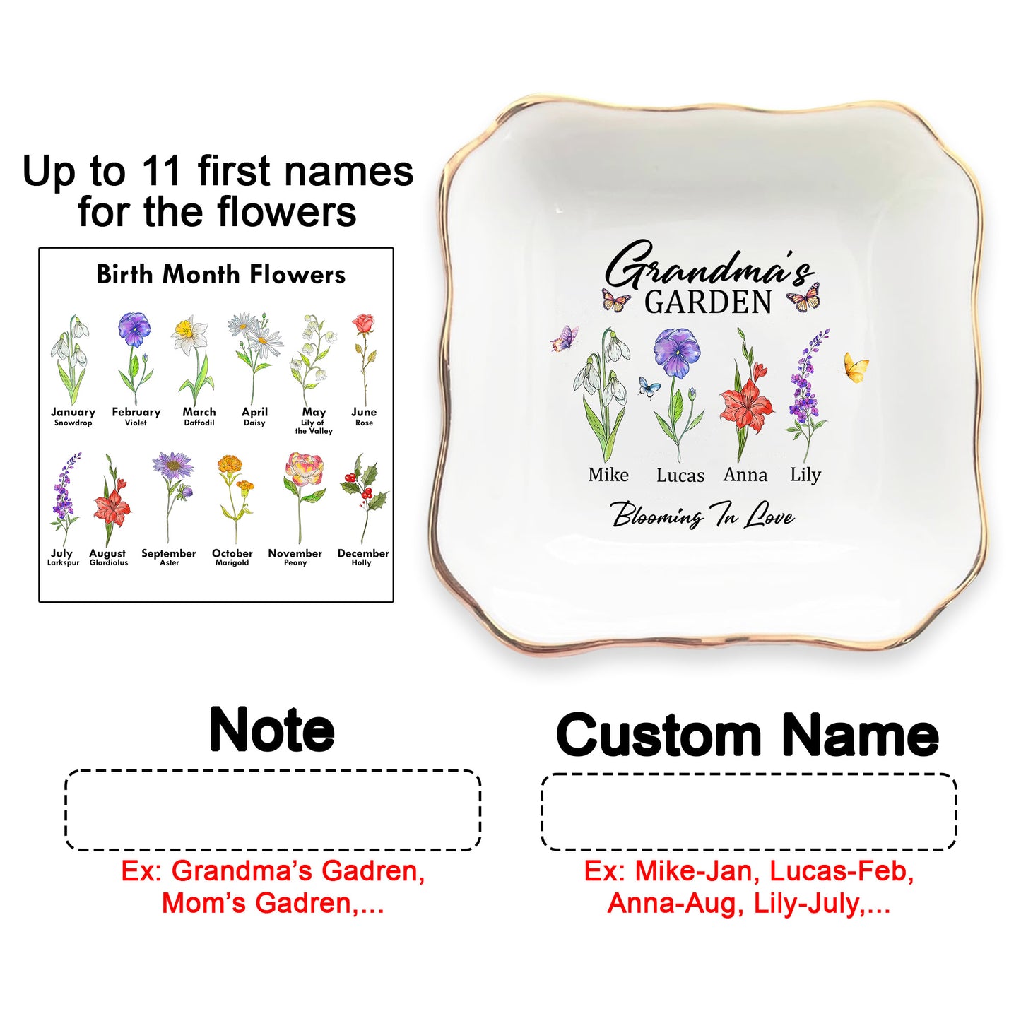 Netecom Personalized Birth Month Flower Jewelry Tray , Custom Names Ceramic Ring Dish, Elegant Grandma’s Garden Gift