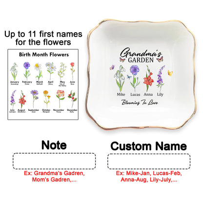 Netecom Personalized Birth Month Flower Jewelry Tray , Custom Names Ceramic Ring Dish, Elegant Grandma’s Garden Gift