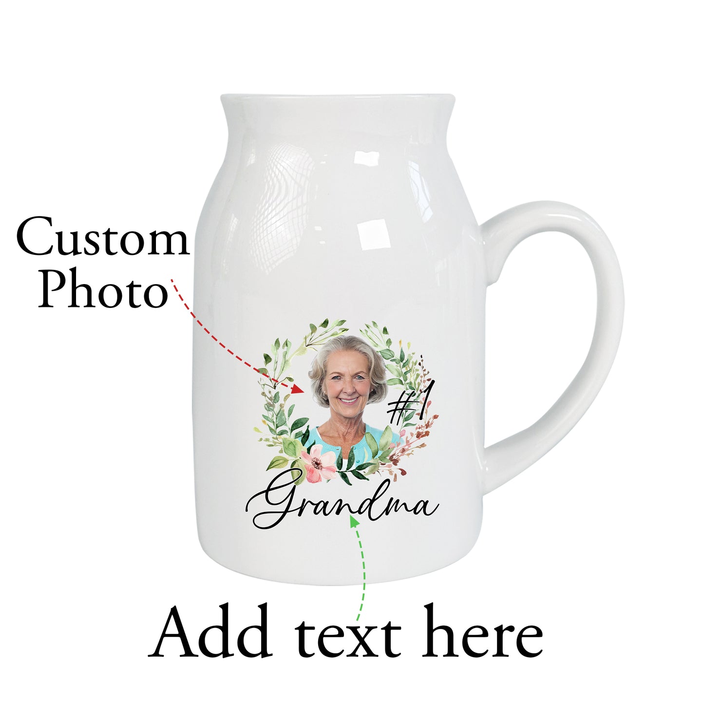 Netecom Personalized Ceramic Jug Vase with Custom Photo and Text, Unique Gift for Grandma, Mother’s Day, or Birthday