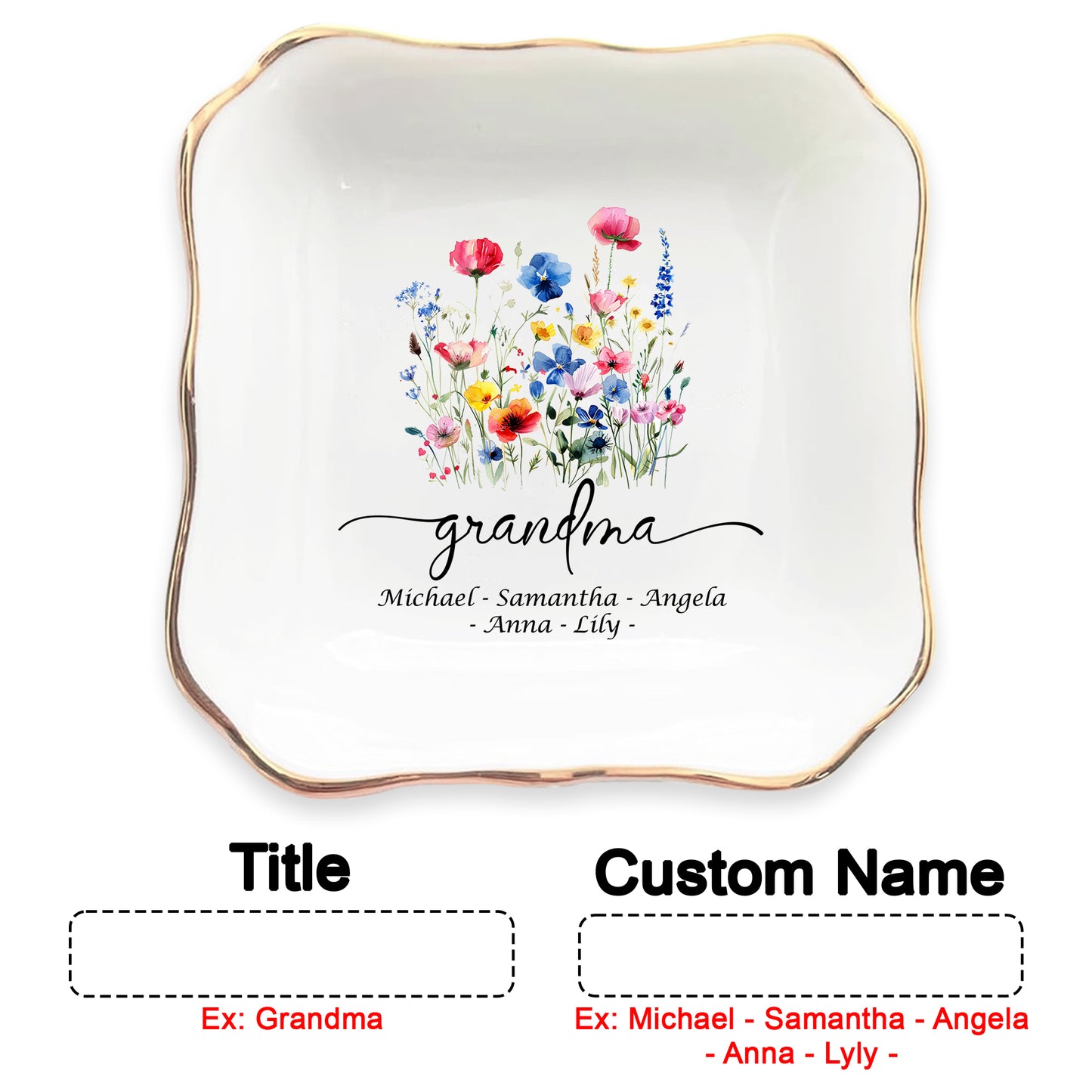 Netecom Personalized Ceramic Jewelry Tray with Custom Title & Names , Unique Grandma’s Garden Ring Dish , Mother’s Day or Christmas Gift