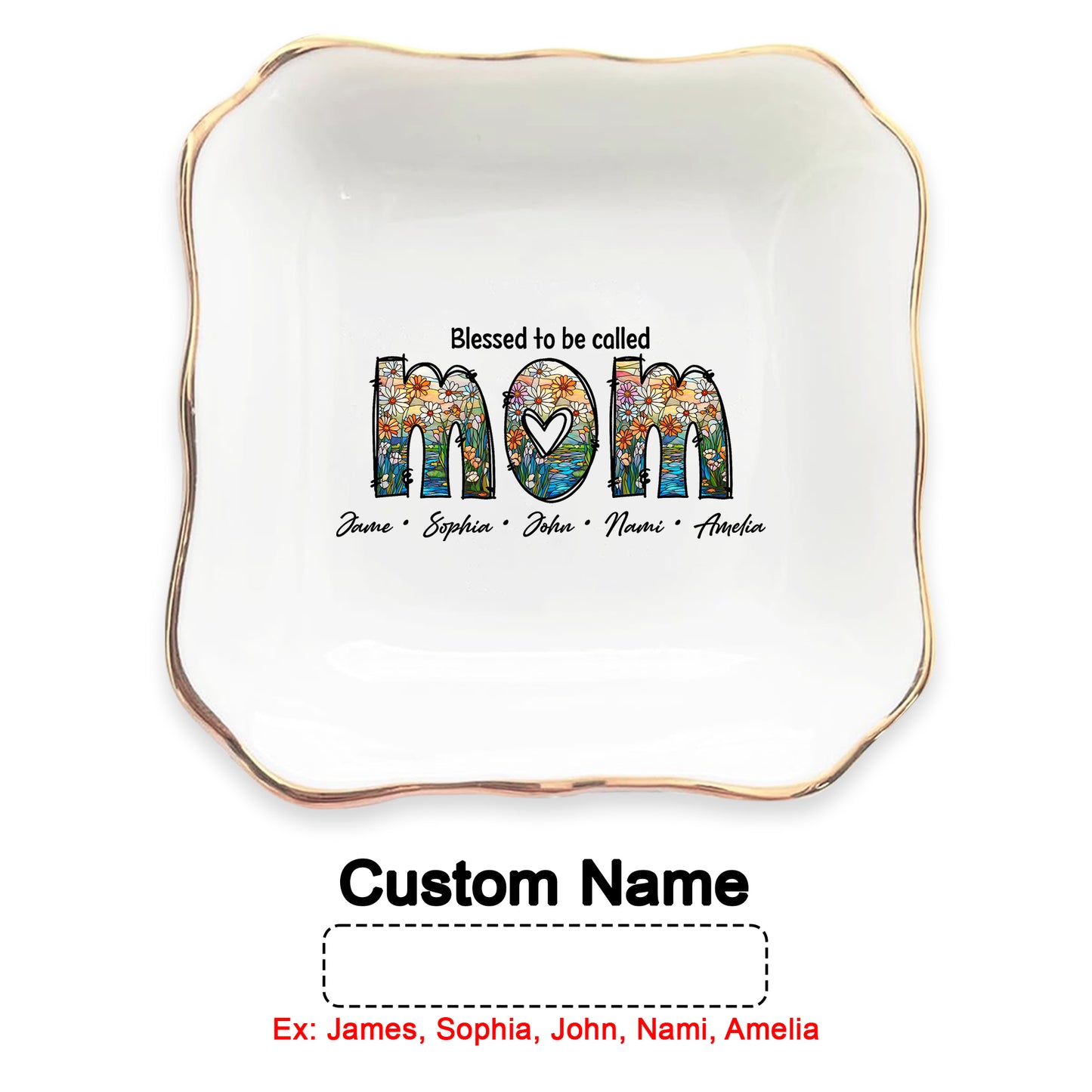 Netecom Gold Rim Trinket Dish with Custom Names under MOM, Unique Mother's Day Keepsake for Her