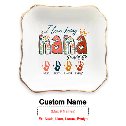 Netecom Personalized I Love Being NANA Jewelry Tray, Custom Handprints & Grandkids Names Ceramic Ring Dish , Mother's Day & Christmas Gift