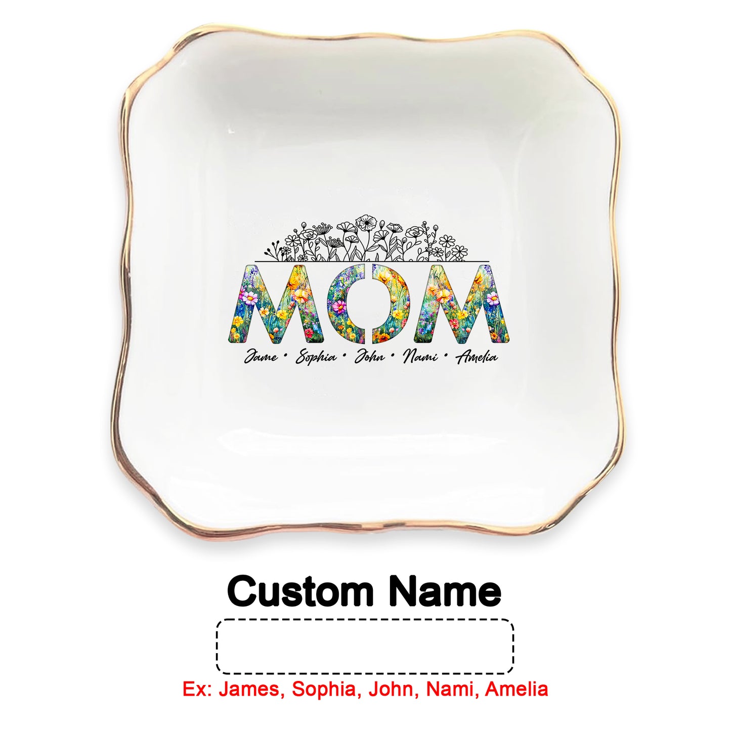 Netecom Personalized Floral "MOM" Ceramic Ring Dish , Custom Names Jewelry Tray , Elegant Mother’s Day Gift for Mom & Grandma