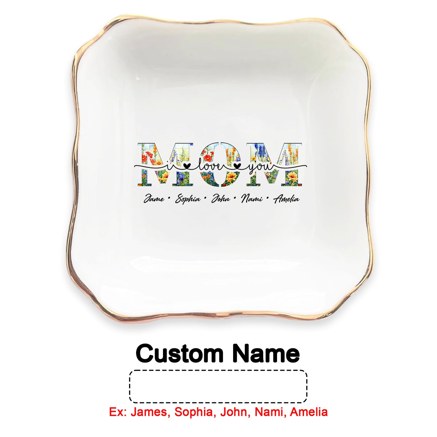 Netecom Floral "MOM" Ceramic Ring Dish with Custom Names, Heartfelt Gift for Mother's Day & Family Celebrations.