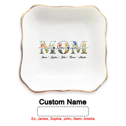 Netecom Floral "MOM" Ceramic Ring Dish with Custom Names, Heartfelt Gift for Mother's Day & Family Celebrations.