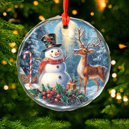 Netecom Snowman and Deer Glass Ornament – Christmas Holiday Tree Decor, Keepsake Gift, 3 in