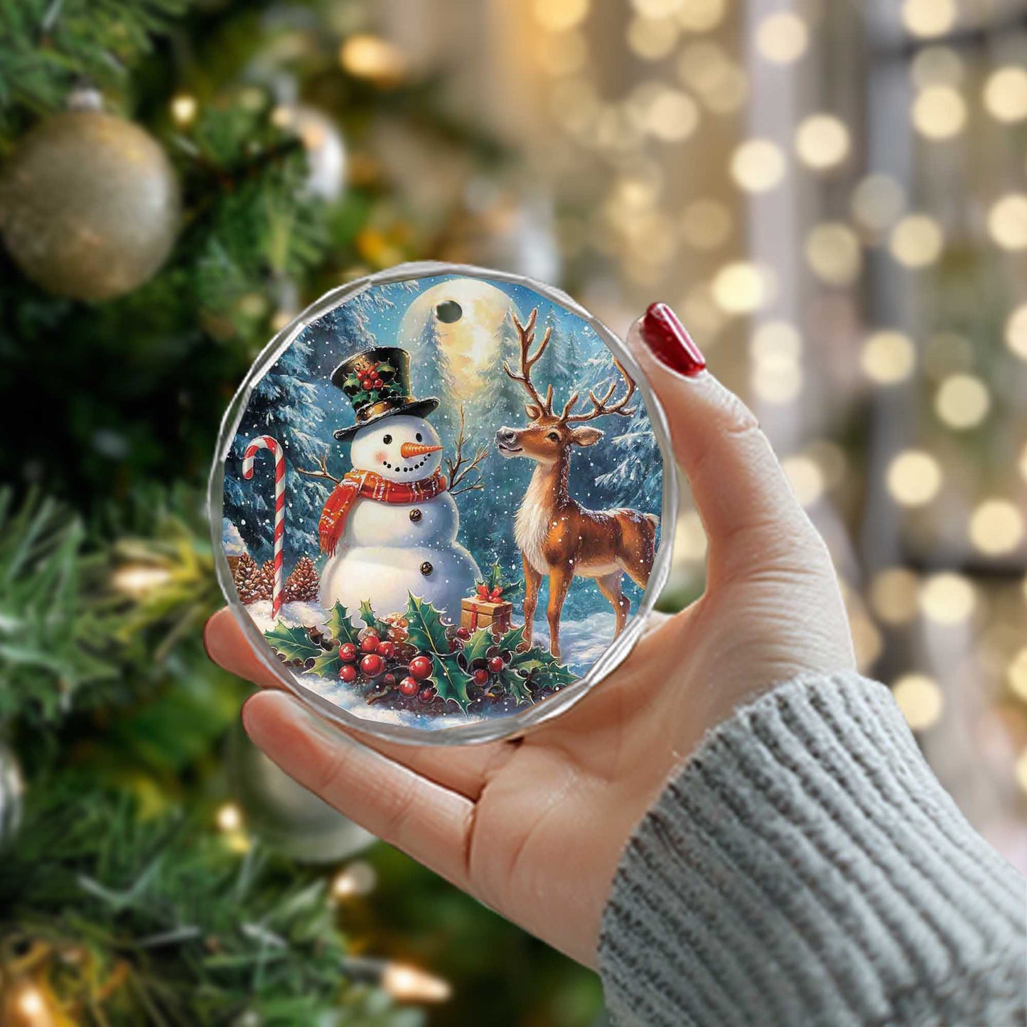 Netecom Snowman and Deer Glass Ornament – Christmas Holiday Tree Decor, Keepsake Gift, 3 in