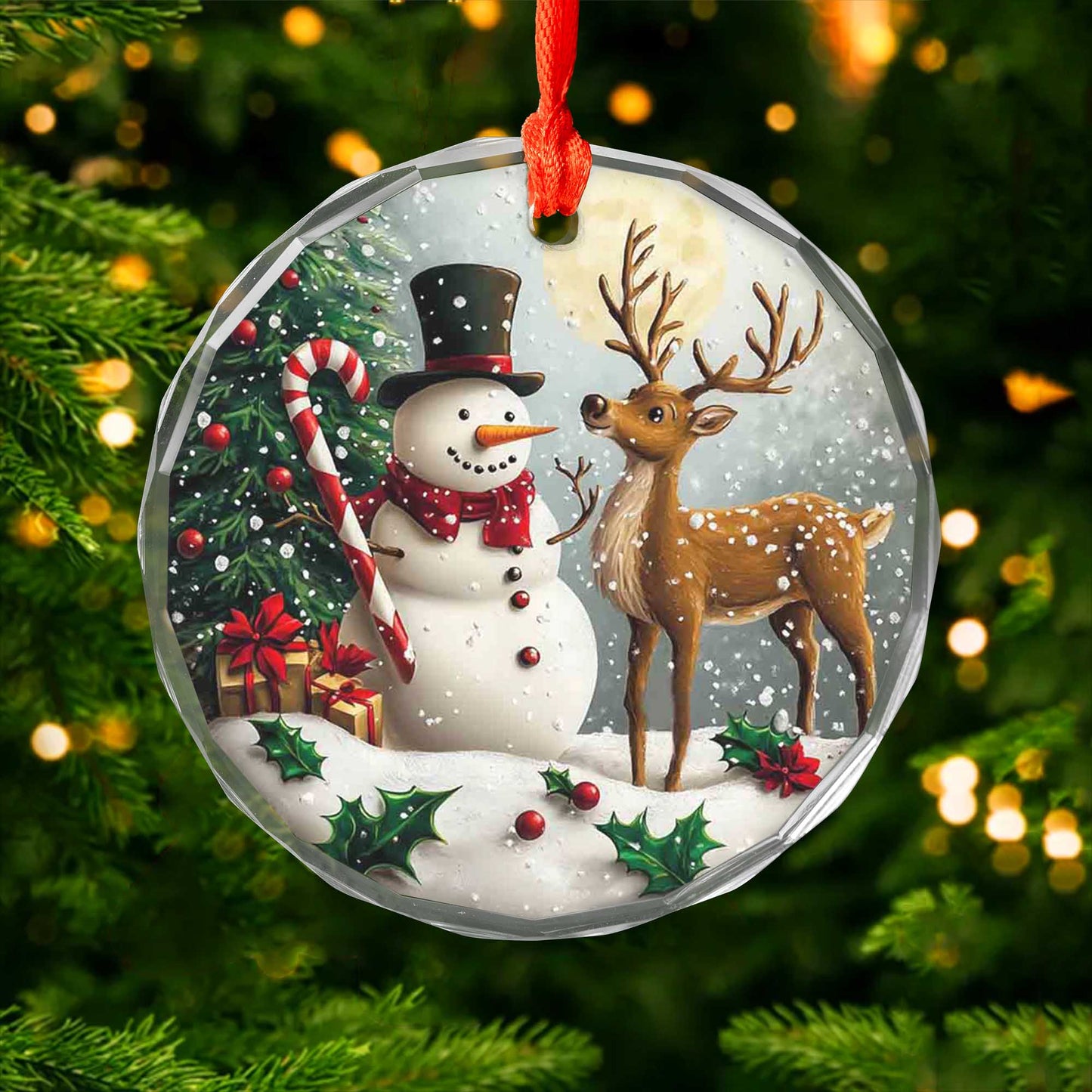 Netecom Snowman & Deer Glass Ornament – Christmas Tree Decoration with Gifts and Candy Cane, Holiday Keepsake, 3 in