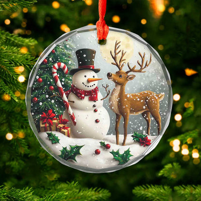 Netecom Snowman & Deer Glass Ornament – Christmas Tree Decoration with Gifts and Candy Cane, Holiday Keepsake, 3 in