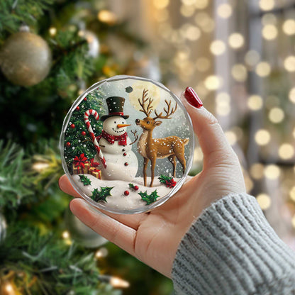 Netecom Snowman & Deer Glass Ornament – Christmas Tree Decoration with Gifts and Candy Cane, Holiday Keepsake, 3 in