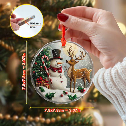 Netecom Snowman & Deer Glass Ornament – Christmas Tree Decoration with Gifts and Candy Cane, Holiday Keepsake, 3 in