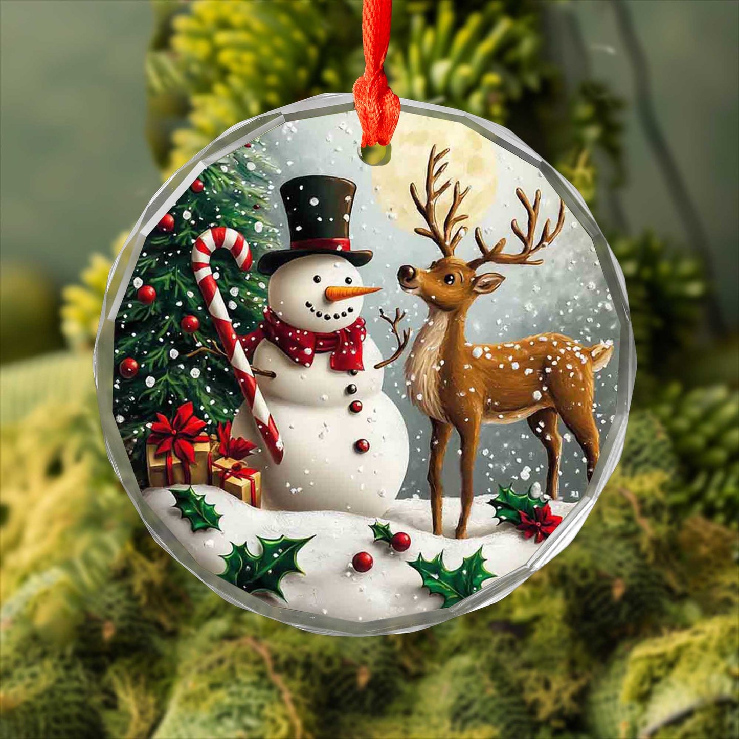 Netecom Snowman & Deer Glass Ornament – Christmas Tree Decoration with Gifts and Candy Cane, Holiday Keepsake, 3 in