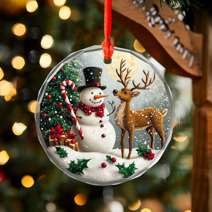 Netecom Snowman & Deer Glass Ornament – Christmas Tree Decoration with Gifts and Candy Cane, Holiday Keepsake, 3 in