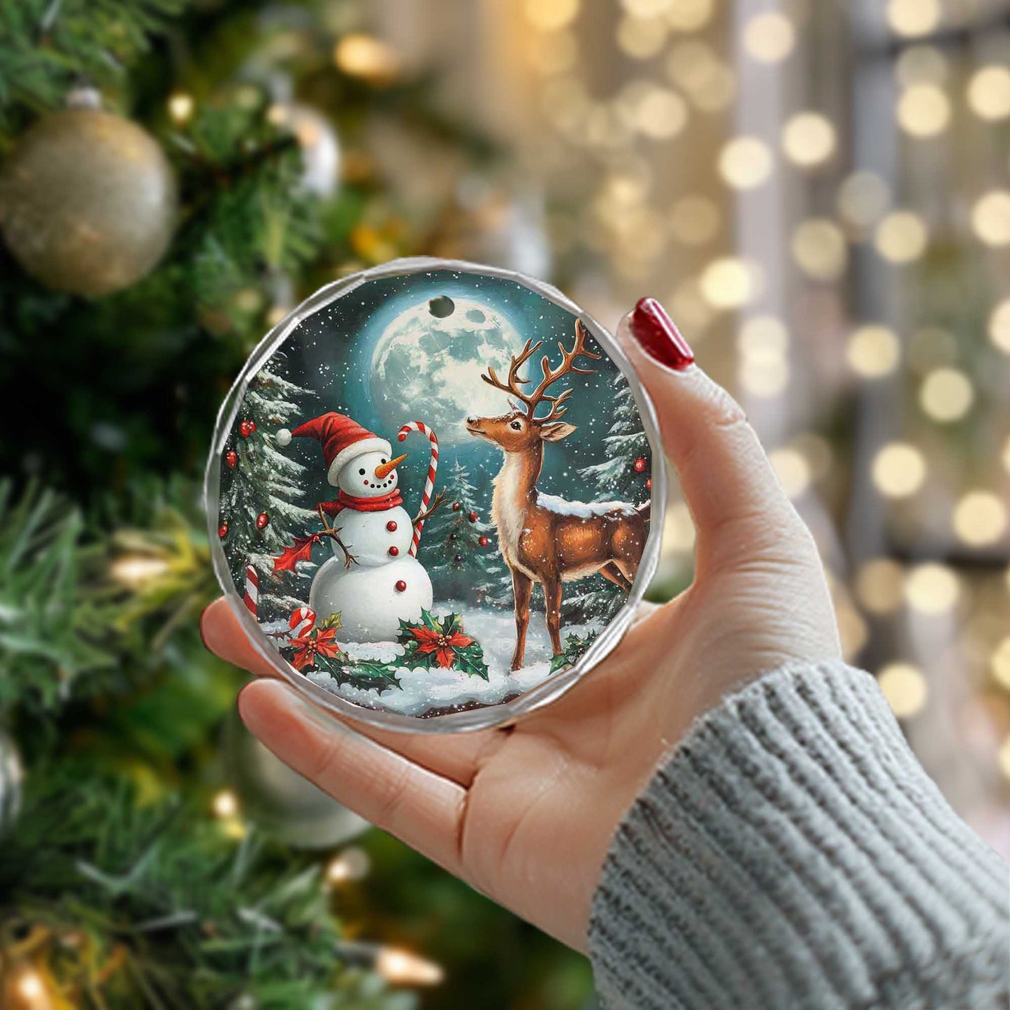 Netecom Christmas Snowman and Reindeer Glass Ornament – Perfect Holiday Tree Decor, Gift Keepsake, 3 in