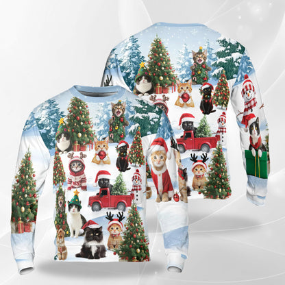Netecom Cute Christmas Cat in Snow Sweatshirt 3D All Over Print , Winter Scenes Design, Crewneck Pullover for Costume Party