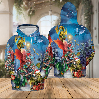 Netecom Christmas Dragons 3D Hoodie with Front Pocket, Unisex Casual All Over Fantasy Dragon Graphic Sweatshirt