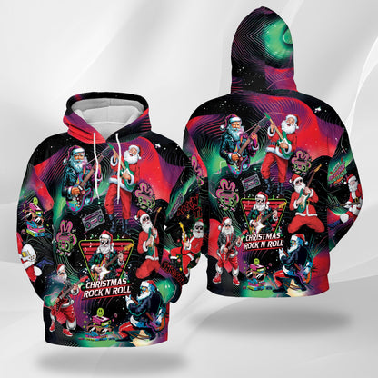 Netecom Santa Claus Rock Guitar Christmas Print Hoodie with Front Pocket, All Over Music Graphic Sweatshirt Unisex Casual