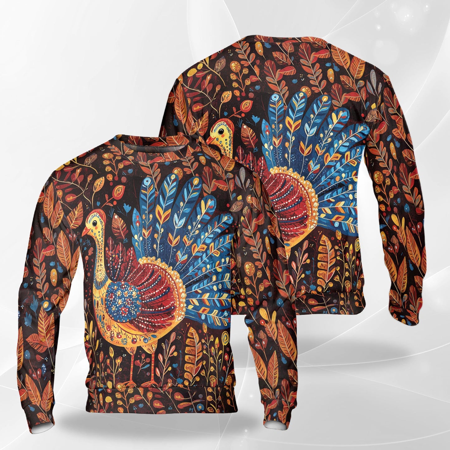 Netecom Folk Art Turkey Thanksgiving Sweatshirt 3D All Over Print, Autumn Holiday Outfit, Crewneck Pullover for Costume Party