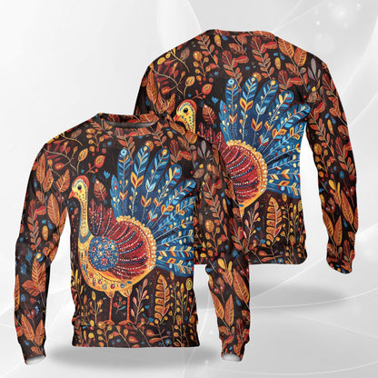 Netecom Folk Art Turkey Thanksgiving Sweatshirt 3D All Over Print, Autumn Holiday Outfit, Crewneck Pullover for Costume Party