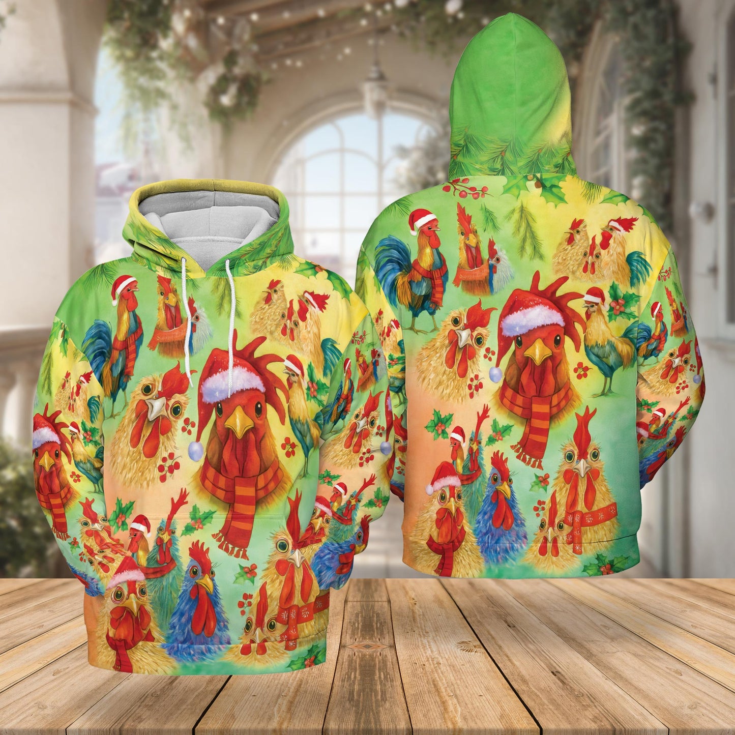 Netecom Rooster Merry Clucking Christmas 3D Hoodie with Front Pocket, Unisex Casual All Over Graphic Sweatshirt