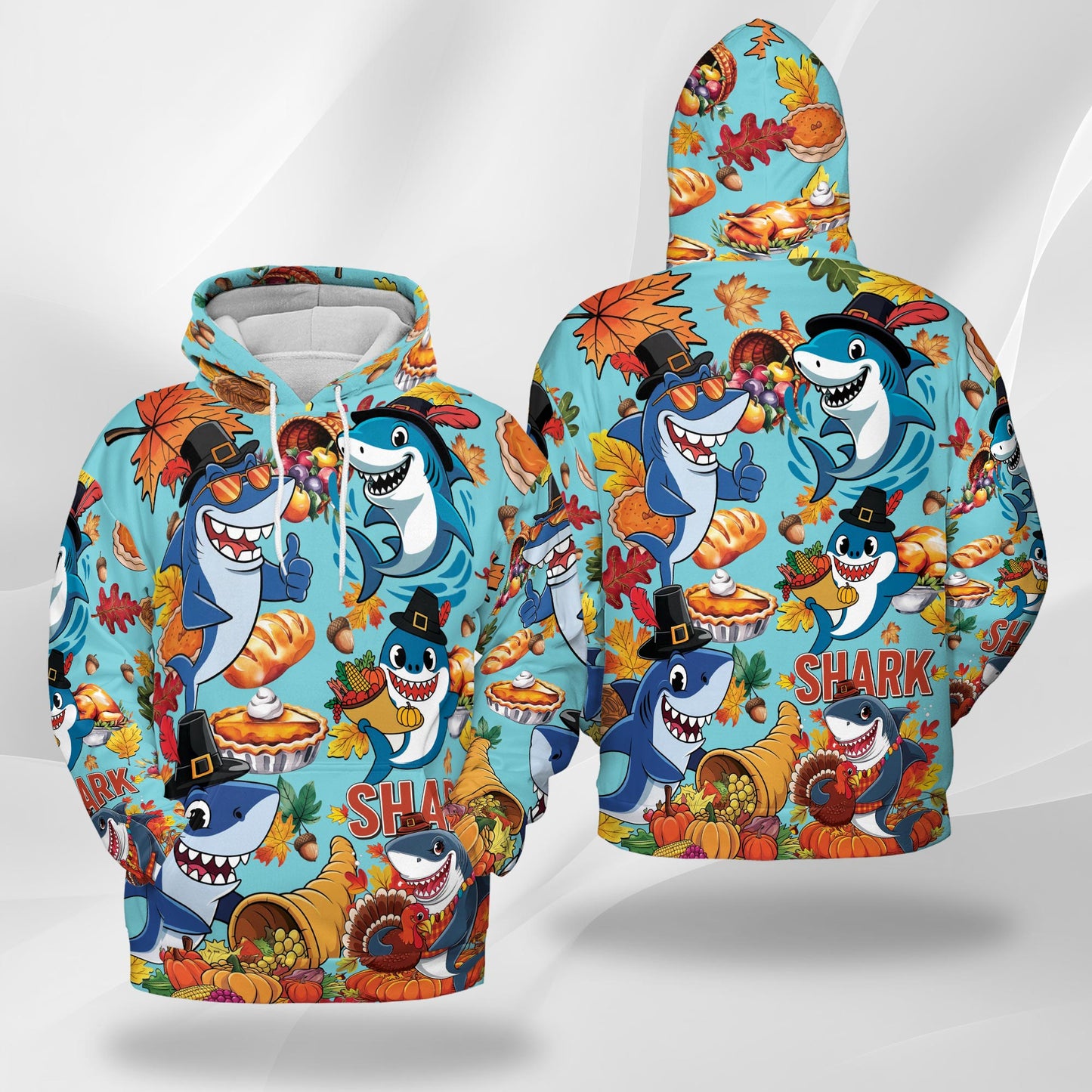Netecom Shark Thanksgiving Print Hoodie with Front Pocket, All Over Happy Turkey Day Graphic Sweatshirt Unisex Casual