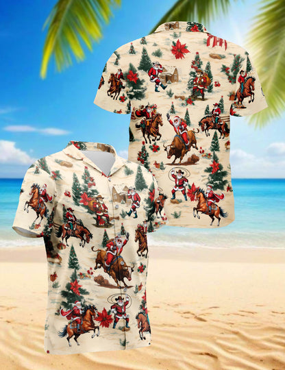Netecom Cowboy Santa Claus Hawaiian Shirt for Men, Western Rodeo Christmas Button Down Summer Beach Short Sleeve Shirts, S-5XL