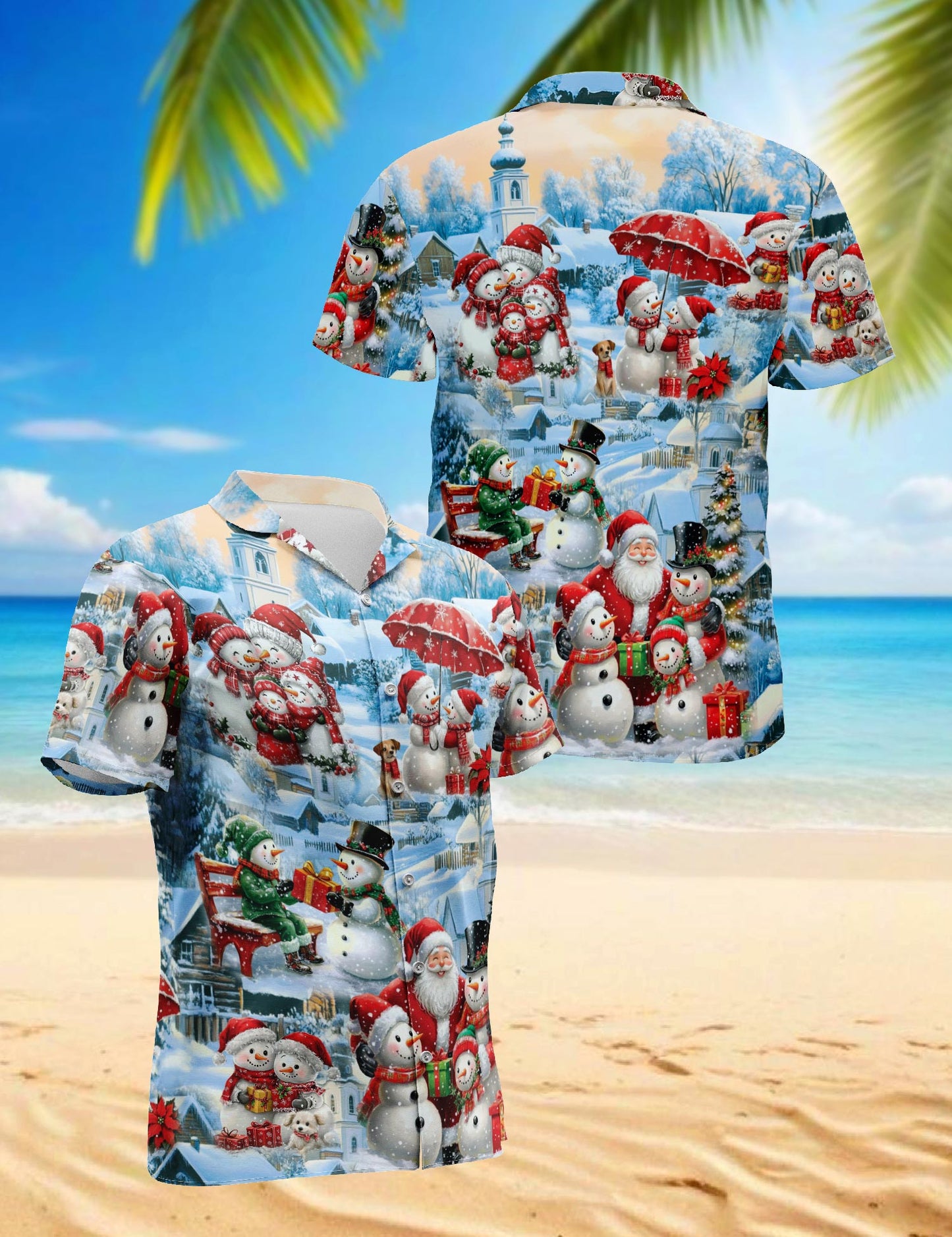 Netecom Snowman and Santa Claus Christmas Hawaiian Shirt, Winter Holiday Village Print Button Down Summer Beach Shirt, S-5XL