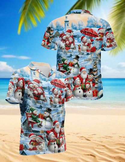 Netecom Snowman and Santa Claus Christmas Hawaiian Shirt, Winter Holiday Village Print Button Down Summer Beach Shirt, S-5XL