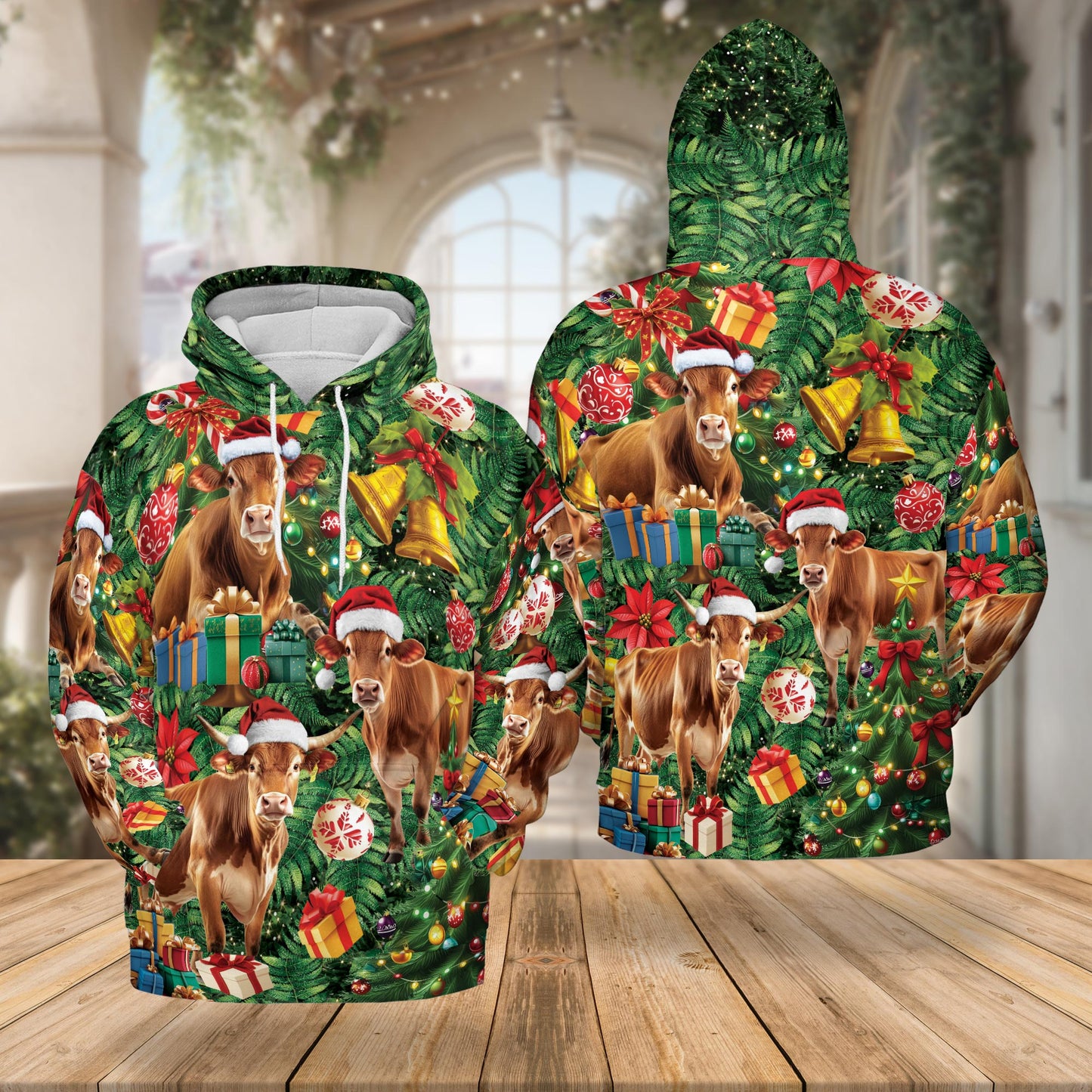 Netecom Christmas Cow 3D Hoodie with Front Pocket, Unisex Casual All Over Santa Hat Farm Animal Graphic Sweatshirt