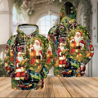 Netecom Santa Christmas Train 3D Hoodie with Front Pocket, Unisex Casual All Over Festive Graphic Sweatshirt