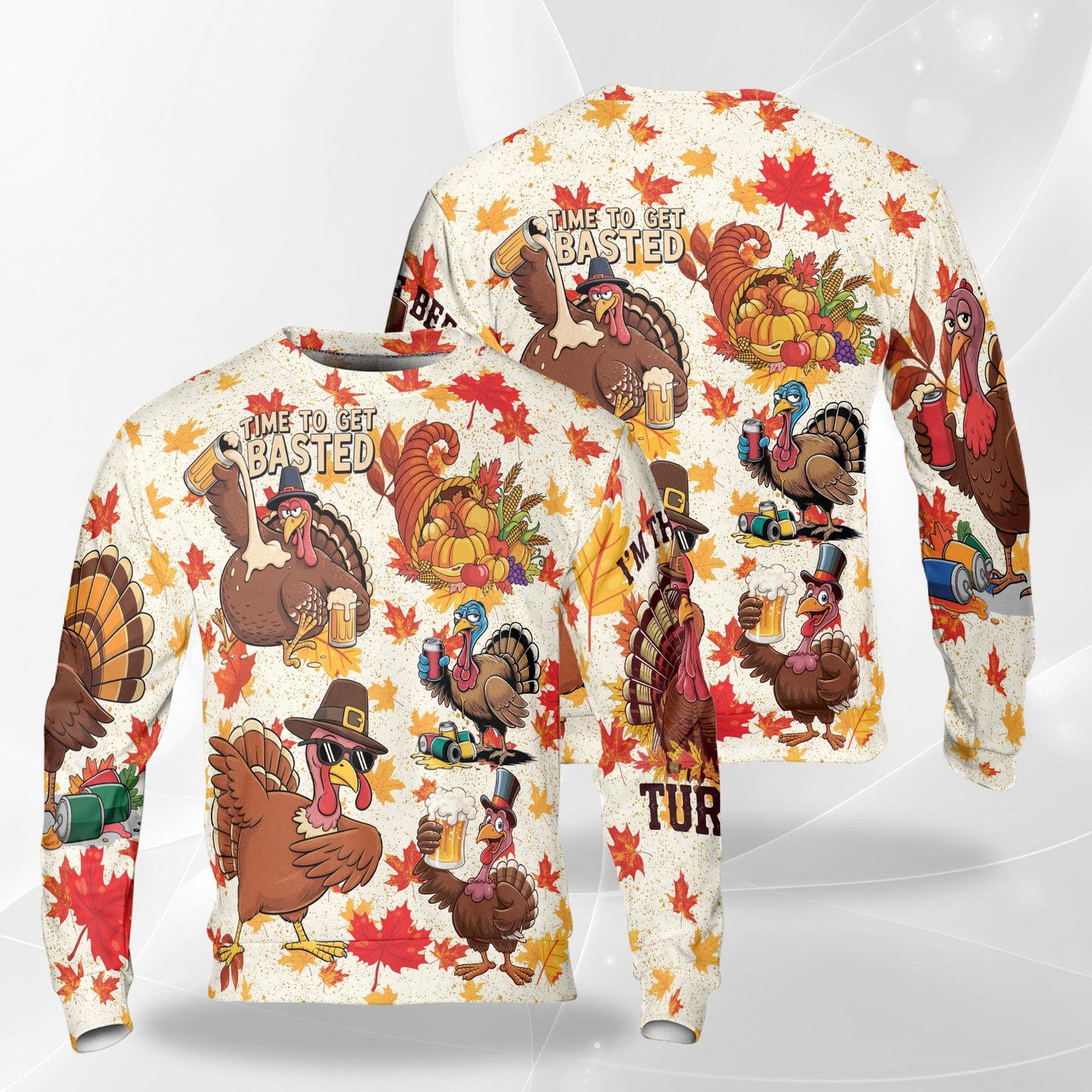 Netecom Thanksgiving Turkey Sweatshirt 3D All Over Print, Funny Turkey Drink Beer Design, Crewneck Pullover for Costume Party