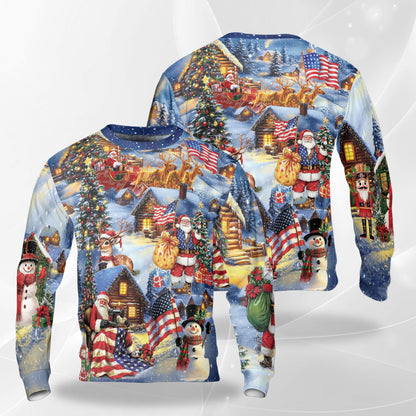 Netecom Patriotic Santa Christmas Sweatshirt 3D All Over Print, Cozy Holiday Scene Design, Crewneck Pullover for Costume Party