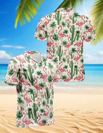 Netecom Cactus Flamingo Hawaiian Shirt for Men, Bird Lover Gifts, Tropical Animal Button Down Summer Beach Shirts