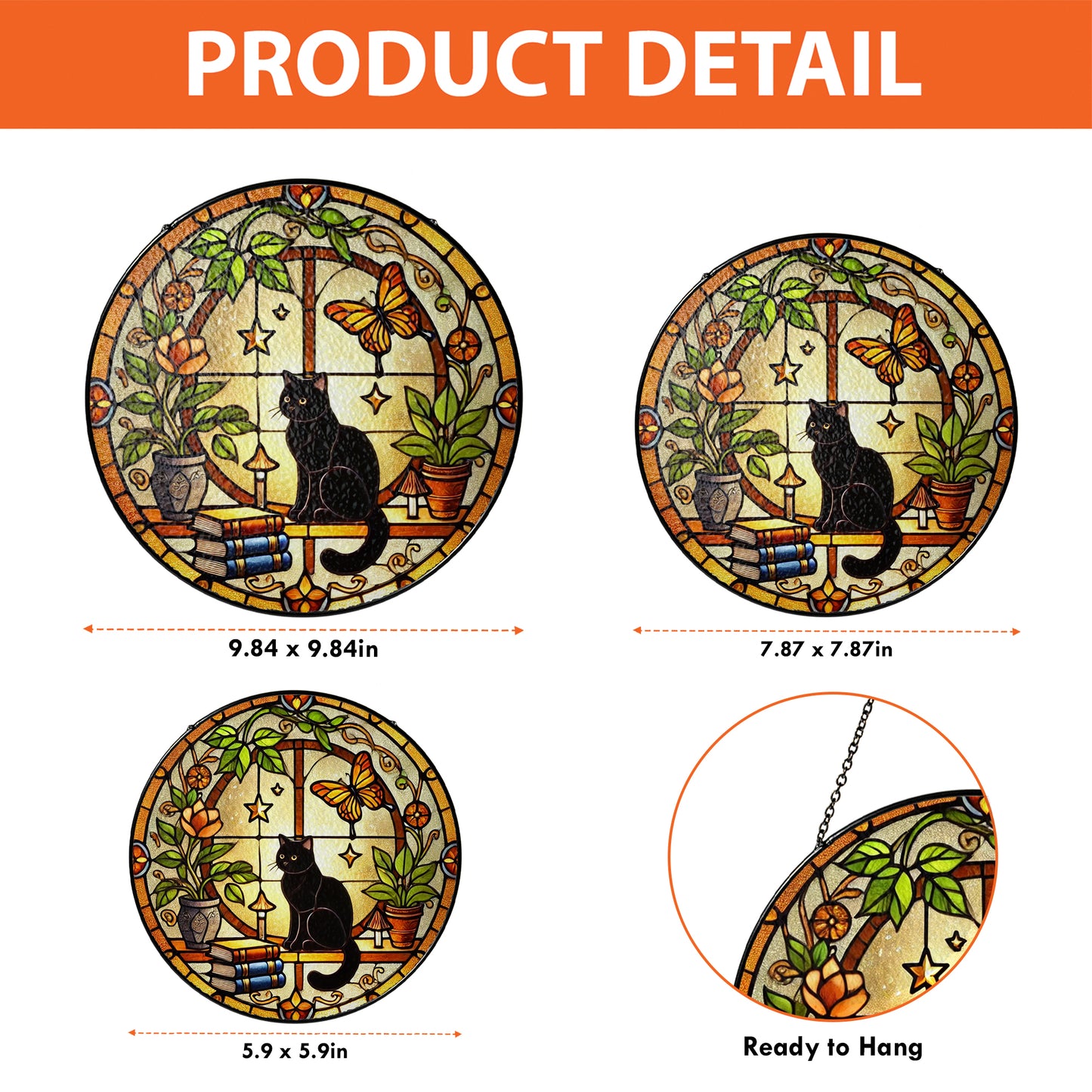 Netecom Black Cat and Books Stained Glass Suncatcher, Golden Floral Window Hanging, Cozy Home Decor, Christmas Gift for Cat Lovers and Book Enthusiasts